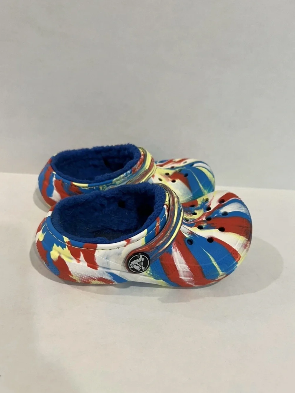 CROCS Kids Faux-Fur Clog with Red, Blue & Yellow Swirl